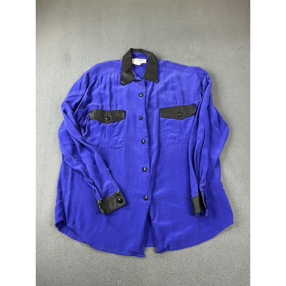 Cedars Blouse Womens M Blue Silk Leather Collared Button-Up Pockets Long Sleeve